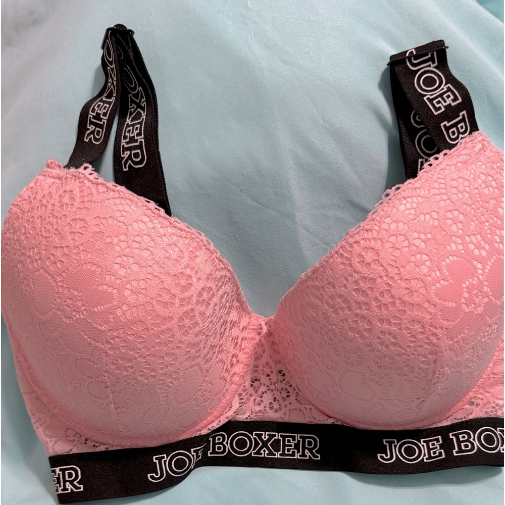 Pink and black Joe Boxer lace push-up bra with wide comfy straps and closure